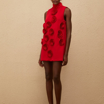 Nadia Mini Dress in Red with Rose Appliqué Detailing and Turtleneck
