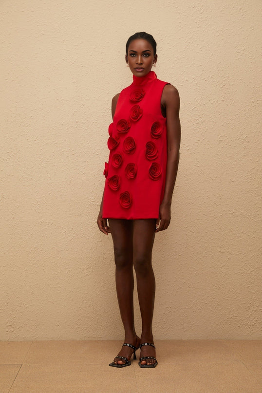 Nadia Mini Dress in Red with Rose Appliqué Detailing and Turtleneck