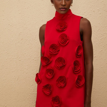 Nadia Mini Dress in Red with Rose Appliqué Detailing and Turtleneck
