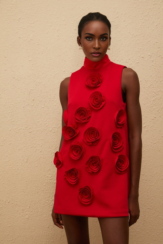 Nadia Mini Dress in Red with Rose Appliqué Detailing and Turtleneck