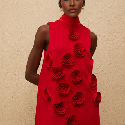Nadia Mini Dress in Red with Rose Appliqué and Turtleneck