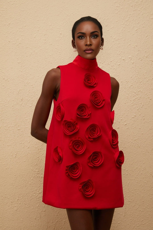 Nadia Mini Dress in Red with Rose Appliqué and Turtleneck