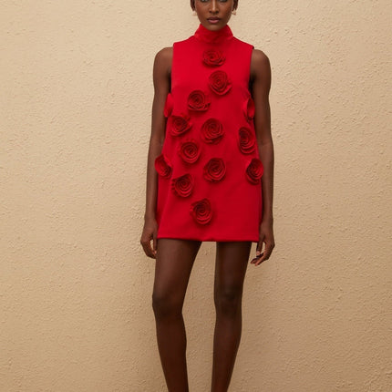 Nadia Mini Dress in Red with Rose Appliqué Detailing and Turtleneck