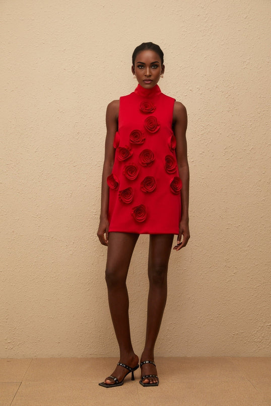 Nadia Mini Dress in Red with Rose Appliqué Detailing and Turtleneck