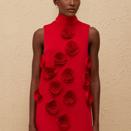 Nadia Mini Dress in Red with Rose Appliqué Detailing and Turtleneck