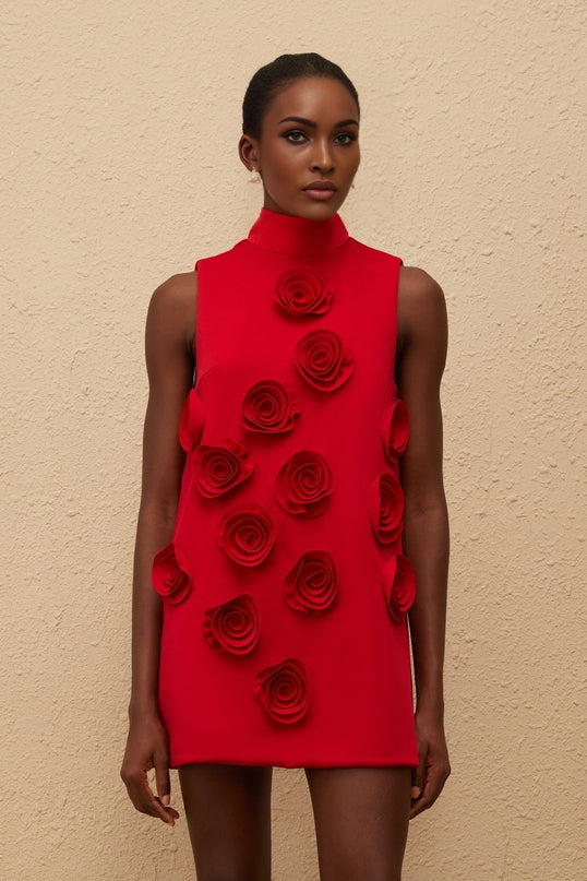 Nadia Mini Dress in Red with Rose Appliqué Detailing and Turtleneck