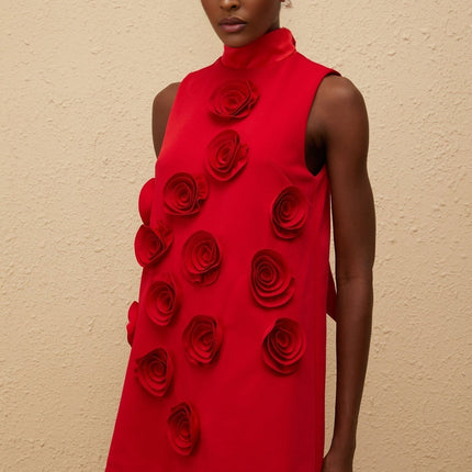 Nadia Mini Dress in Red with Rose Appliqué Detailing