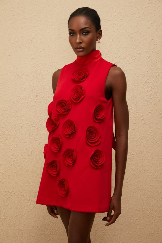 Nadia Mini Dress in Red with Rose Appliqué Detailing