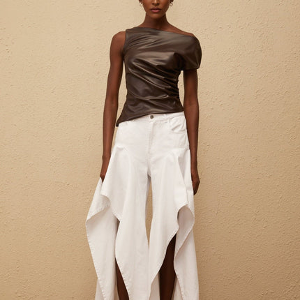 Nadja Brown Asymmetrical Leather Top in Brown PU with Ruched Detailing and One-Shoulder Design