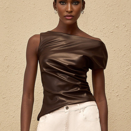 Nadja Brown Asymmetrical Leather Top in Brown PU with Ruched Detailing and One-Shoulder Design