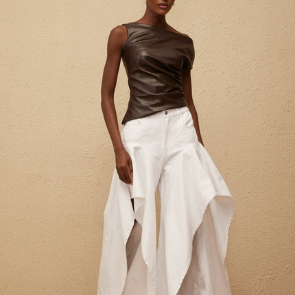 Nadja Brown Asymmetrical Leather Top in Brown PU with Ruched Detailing and One-Shoulder Design