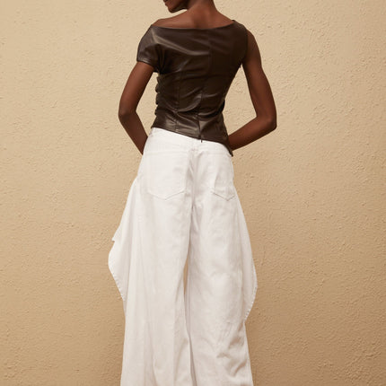 Nadja Brown Asymmetrical Leather Top in Brown PU with Ruched Detailing and One-Shoulder Design