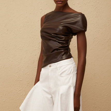 Nadja Brown Asymmetrical Leather Top in Brown PU with One-Shoulder Design and Ruched Detailing