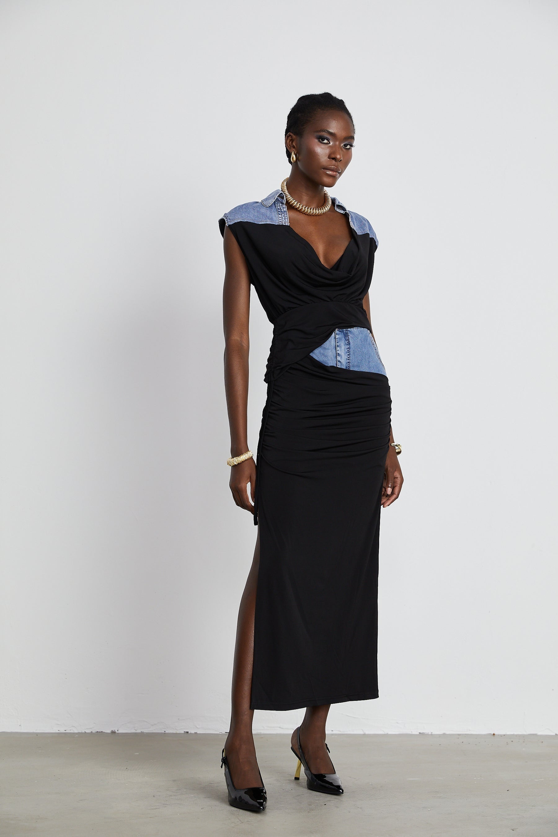 Nala jerseypanelled denim top  skirt matching set