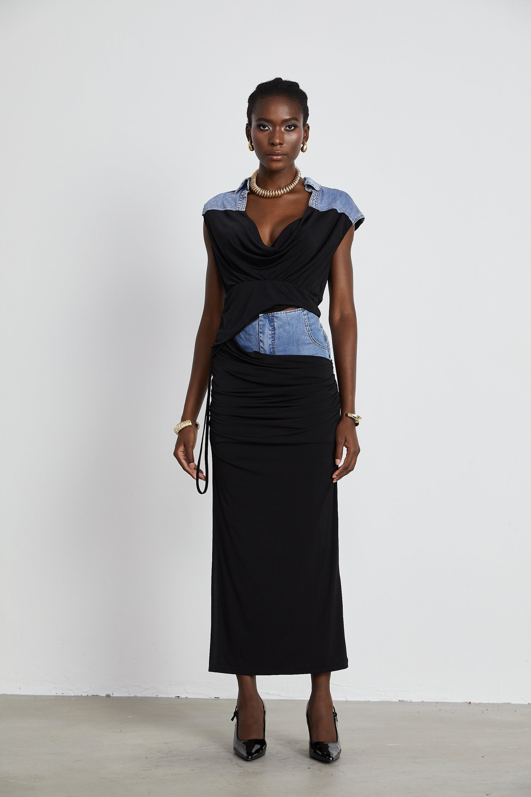 Nala jerseypanelled denim top  skirt matching set