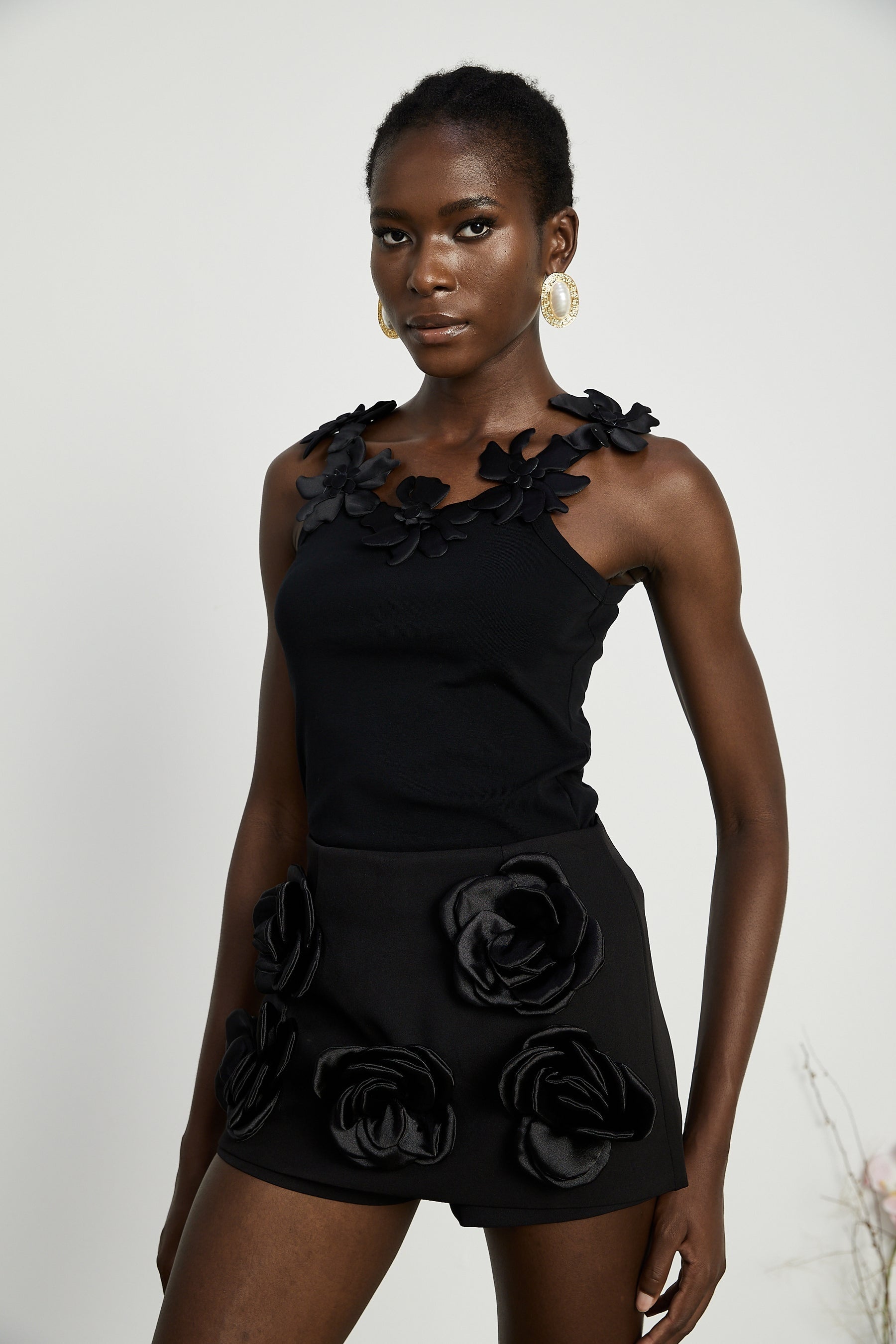 Nalini black fauxflower mini skirt