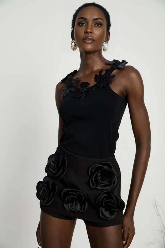 Nalini Black Thigh-length Shorts with 3D Floral Appliqués