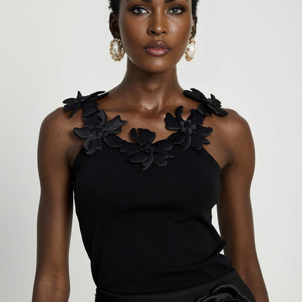 Nalini Black Thigh-length Shorts with 3D Floral Appliqués