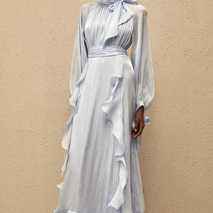 Nanette Blue Glossy Pleated Maxi Dress