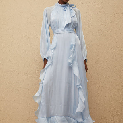 Nanette Blue Glossy Pleated Maxi Dress