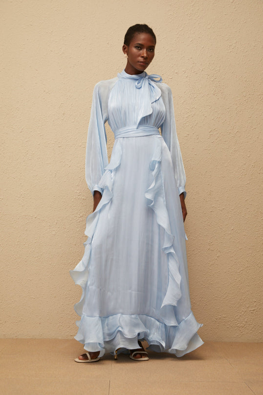 Nanette Blue Glossy Pleated Maxi Dress