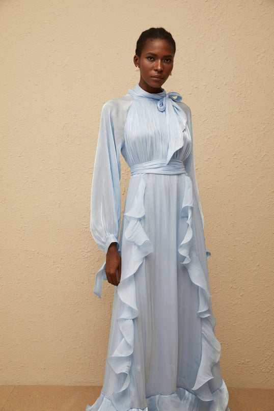 Nanette Blue Glossy Pleated Maxi Dress