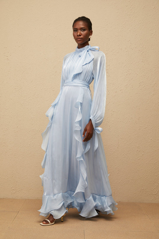 Nanette Blue Glossy Pleated Maxi Dress