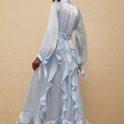 Nanette Blue Glossy Pleated Maxi Dress