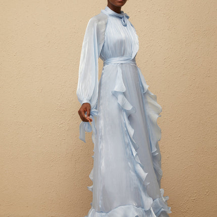 Nanette Blue Glossy Pleated Maxi Dress