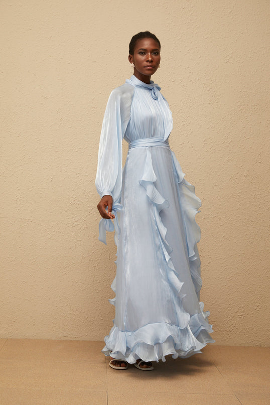 Nanette Blue Glossy Pleated Maxi Dress