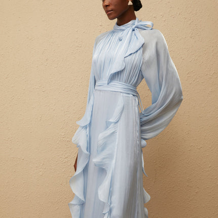 Nanette Blue Glossy Pleated Maxi Dress