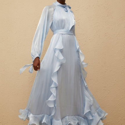 Nanette Blue Glossy Pleated Maxi Dress