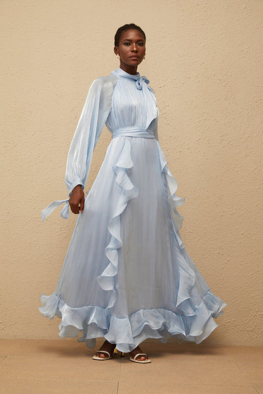 Nanette Blue Glossy Pleated Maxi Dress