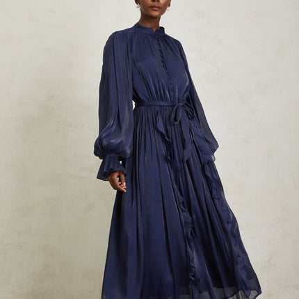 Nanette Dark Blue Glossy Pleated Maxi Dress
