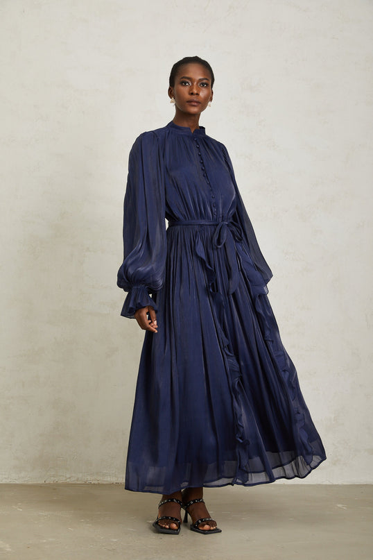 Nanette Dark Blue Glossy Pleated Maxi Dress