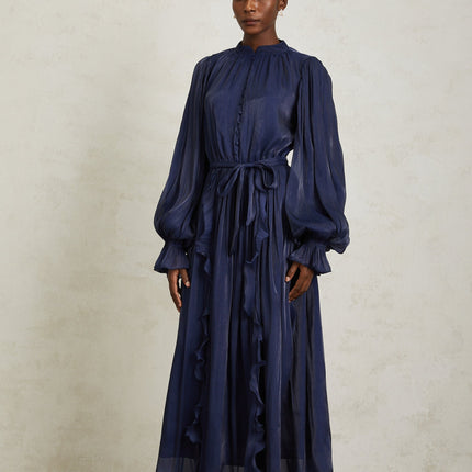 Nanette Dark Blue Glossy Pleated Maxi Dress