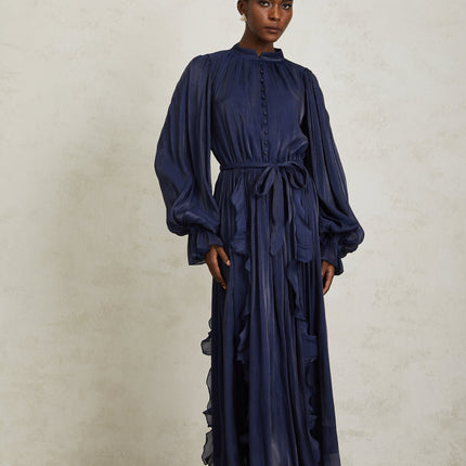 Nanette Dark Blue Glossy Pleated Maxi Dress