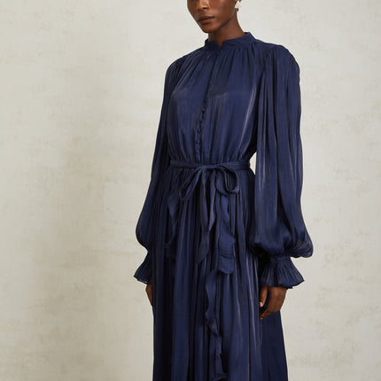 Nanette Dark Blue Glossy Pleated Maxi Dress