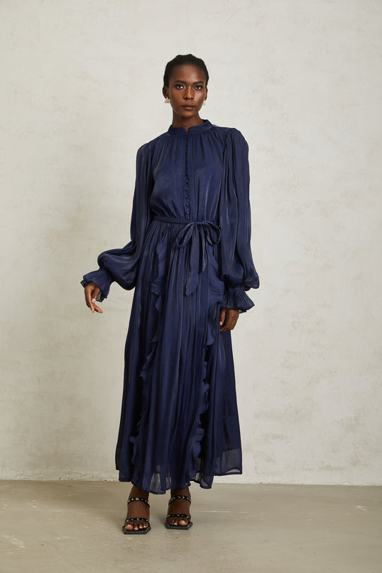 Nanette Dark Blue Glossy Pleated Maxi Dress