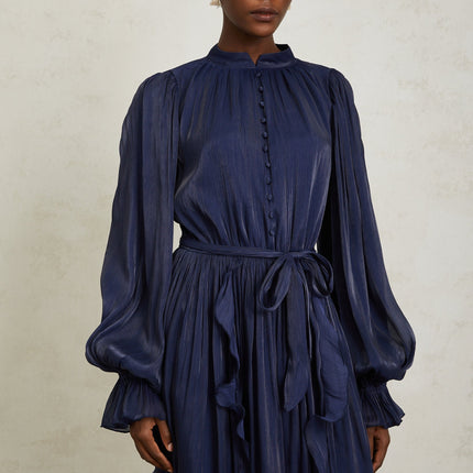 Nanette Dark Blue Glossy Pleated Maxi Dress