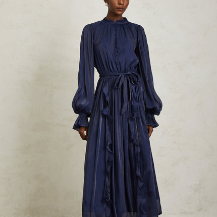 Nanette Dark Blue Glossy Pleated Maxi Dress