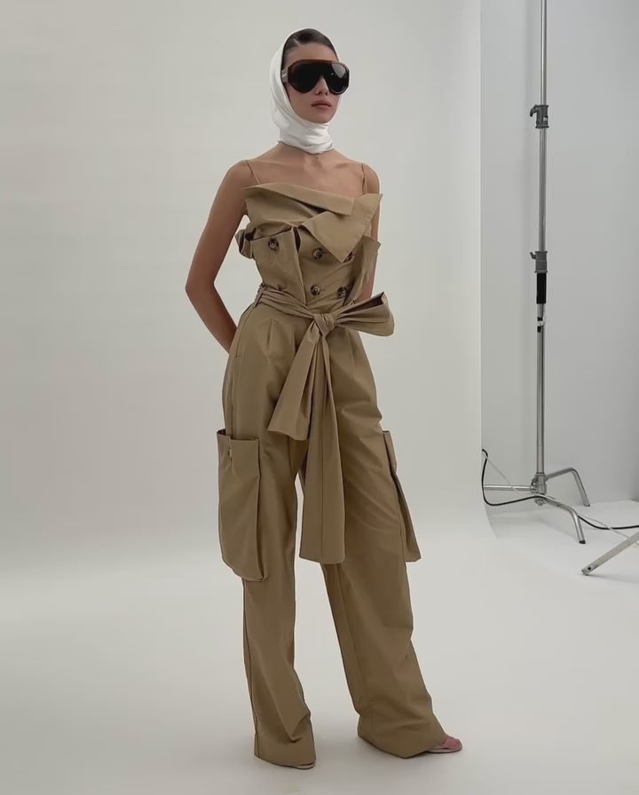 Nanette Khaki Asymmetrical Double Breasted Jumpsuit