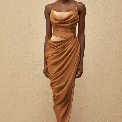 Naomi Brown Chiffon Maxi Dress with Cowl Neck and Side Slit