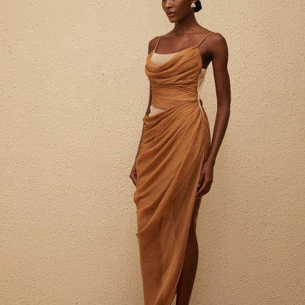 Naomi Brown Chiffon Maxi Dress Cowl Neck Sleeveless Mesh Panelling Side Slit