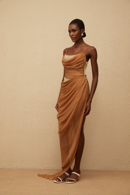 Naomi Brown Chiffon Maxi Dress Cowl Neck Sleeveless Mesh Panelling Side Slit