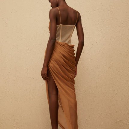 Naomi Brown Chiffon Maxi Dress with Cowl Neck and Side Slit