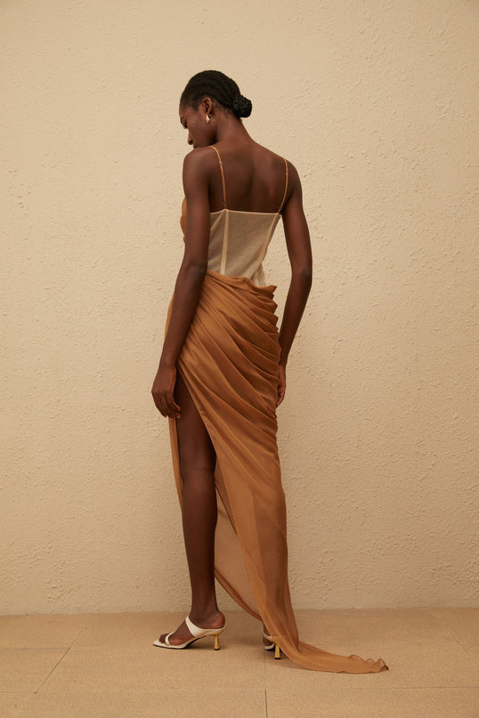 Naomi Brown Chiffon Maxi Dress with Cowl Neck and Side Slit