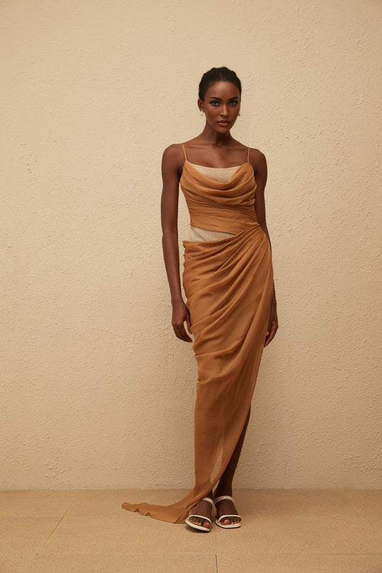 Naomi Brown Chiffon Maxi Dress with Cowl Neck and Side Slit