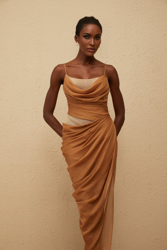 Naomi Brown Chiffon Maxi Dress with Cowl Neck and Side Slit
