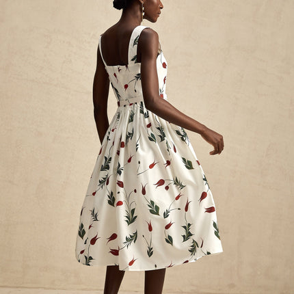 Naomi White Floral Midi Dress Poplin Fabric Wide Straps Belted Waist Square Neck Sleeveless All-Over Floral Print Pleat Detailing Rear Zip Fastening 97% Cotton 3% Elastane